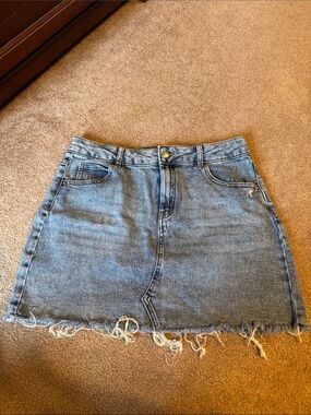 Blue Denim Mini Skirt with Distressed Hem